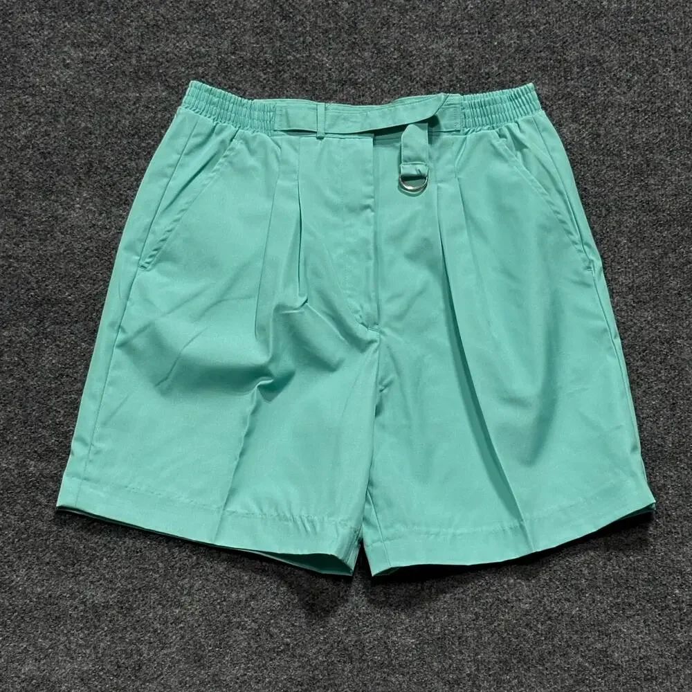 Vintage Lady La Mode Shorts Womens 12 Green Pleated Elastic Waist Chino Bermuda